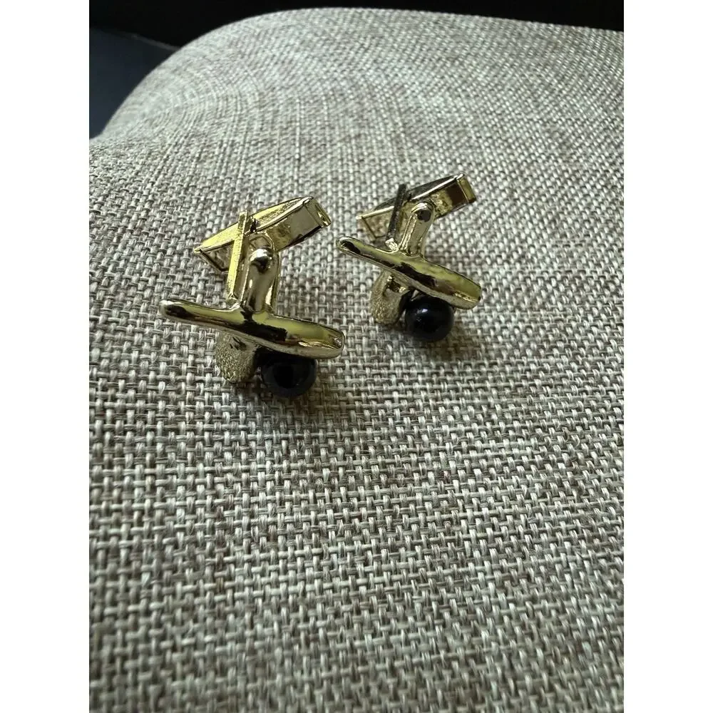 Vintage Figural Bowling Ball and Pins Yellow Gold Plated Cuff Links